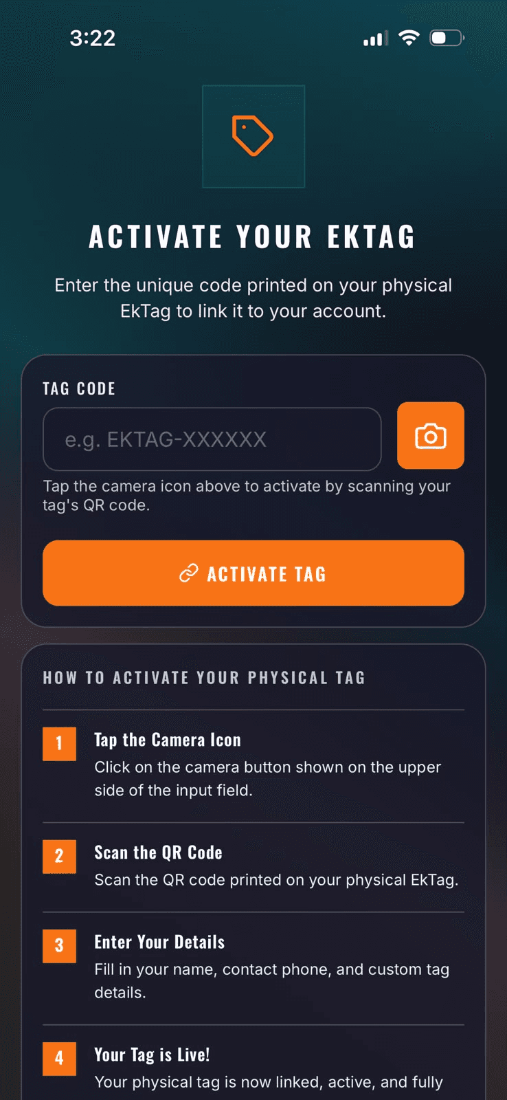 Activate tag screen
