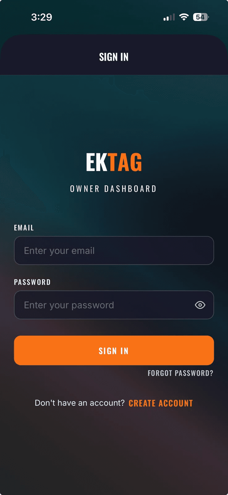 EkTag sign in screen