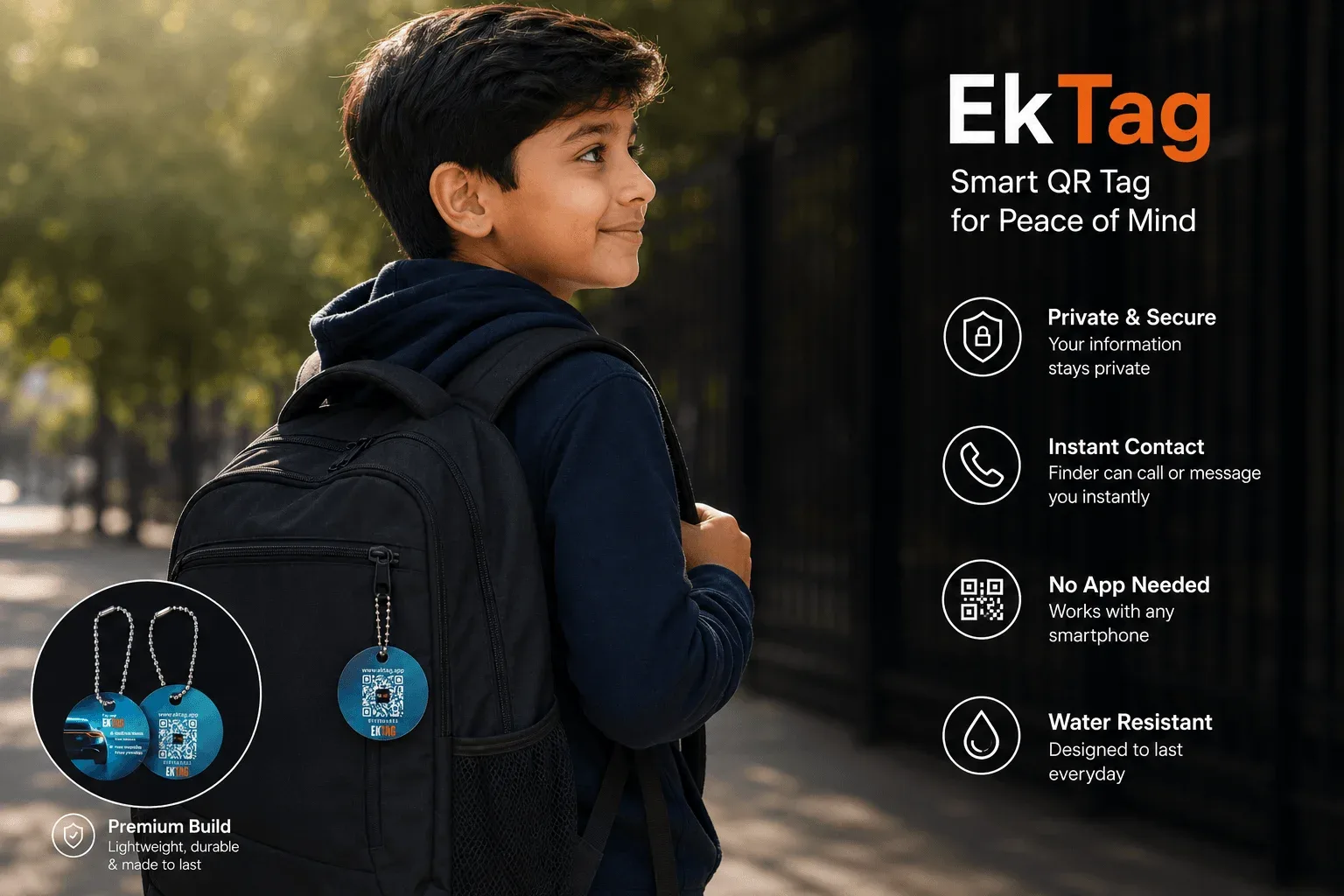 EkTag QR luggage tag on a backpack showing private contact, instant alerts, no app needed, and water resistance