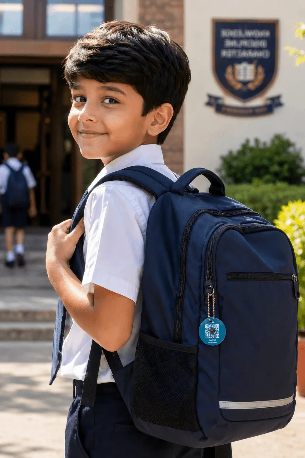 School student facing camera with backpack and EkTag QR luggage tag visible — qr tag for luggage on school bags