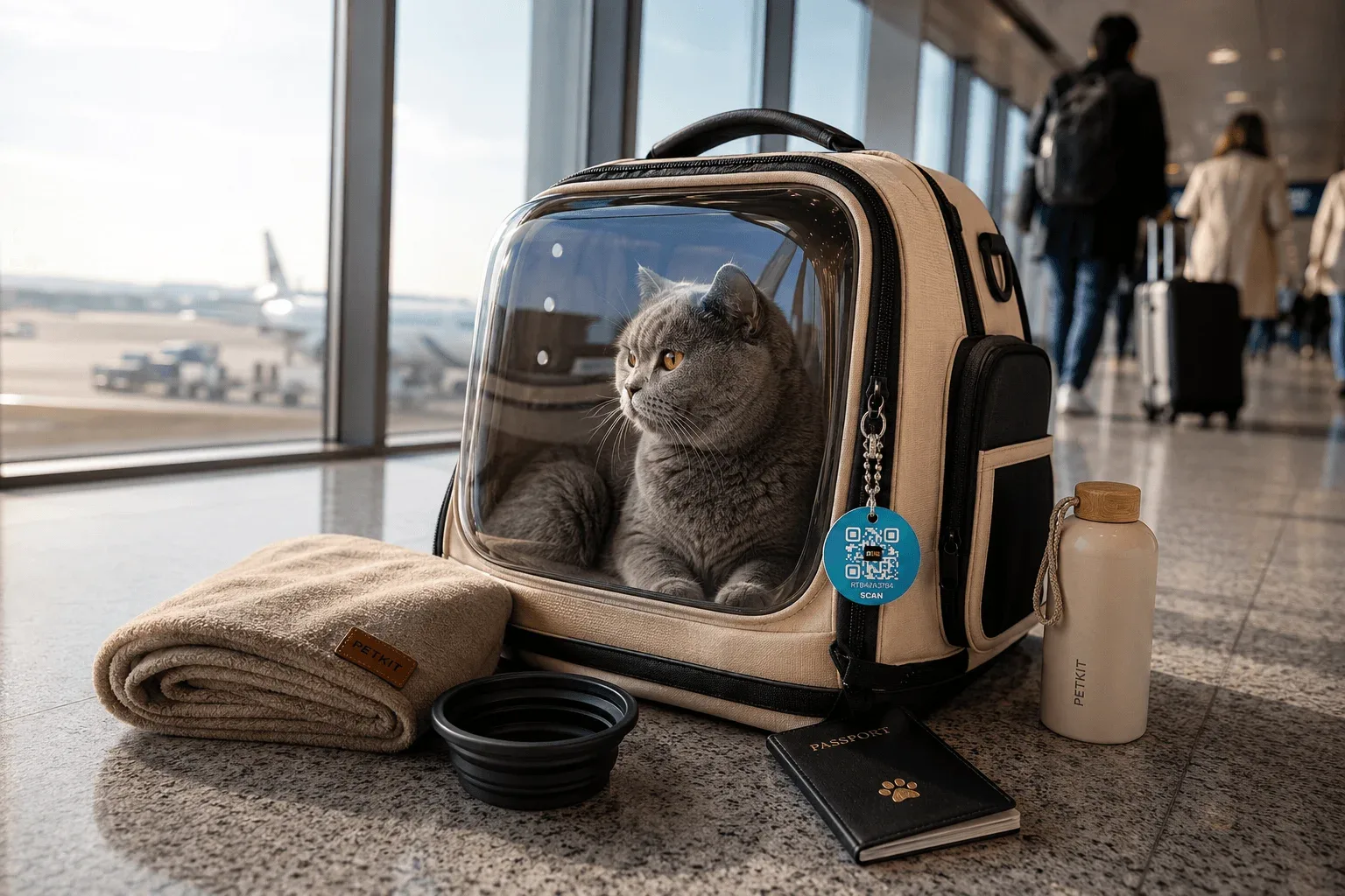 EkTag Smart QR Pet Tag on a cat travel carrier at the airport — travel-safe QR pet tag