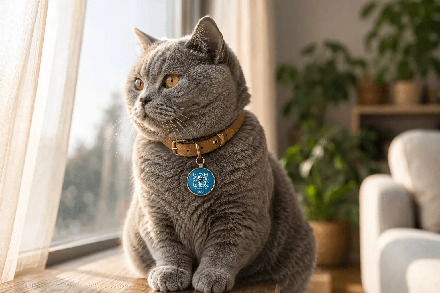 EkTag Smart QR Pet Tag on a British Shorthair cat collar — waterproof QR tag for lost cat recovery