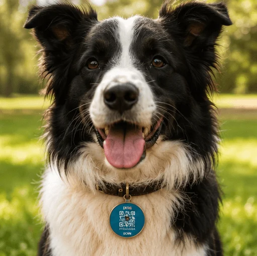 Border Collie wearing an EkTag Smart QR Pet Tag on a collar — happy, safe, and protected outdoors