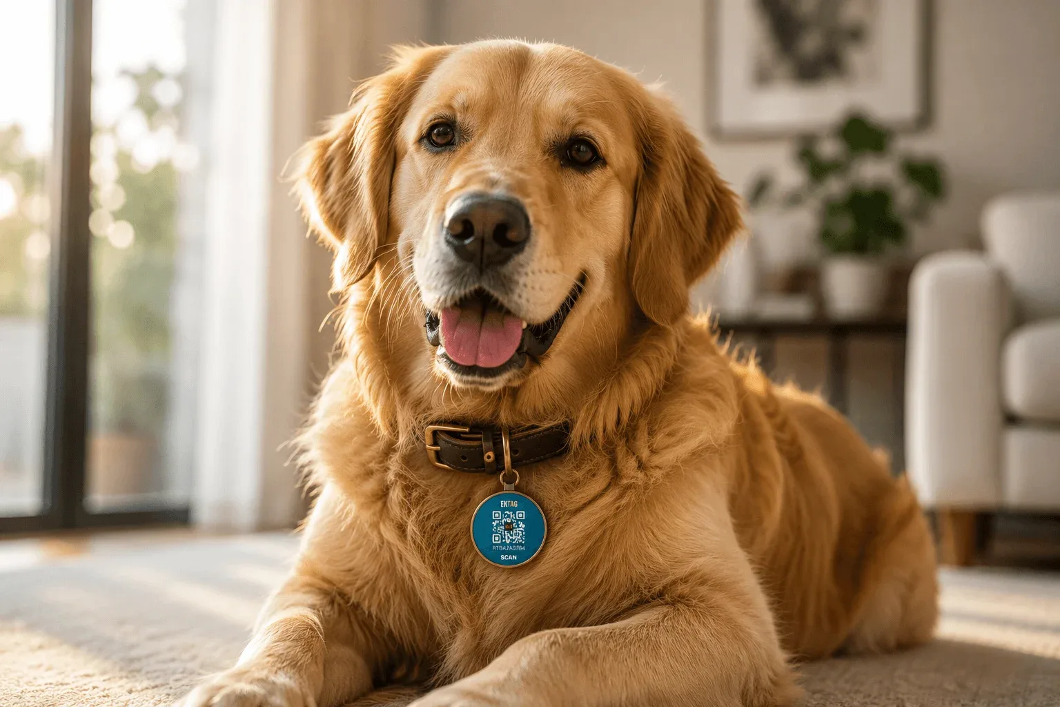 EkTag Smart QR Pet Tag on a golden retriever dog collar — waterproof QR tag for lost dog recovery